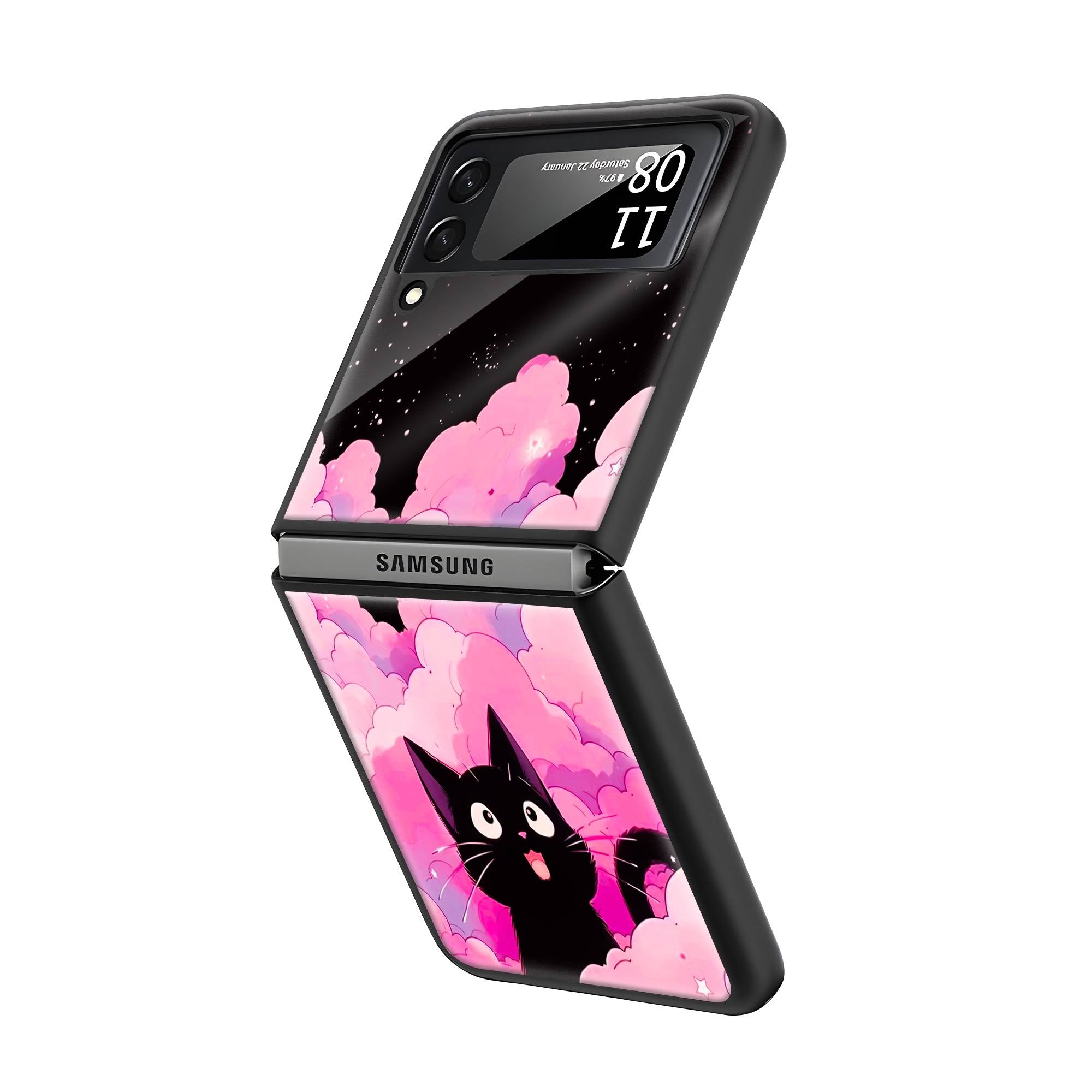 Black Cute Kitty Samsung Z Flip Glass Case image 1