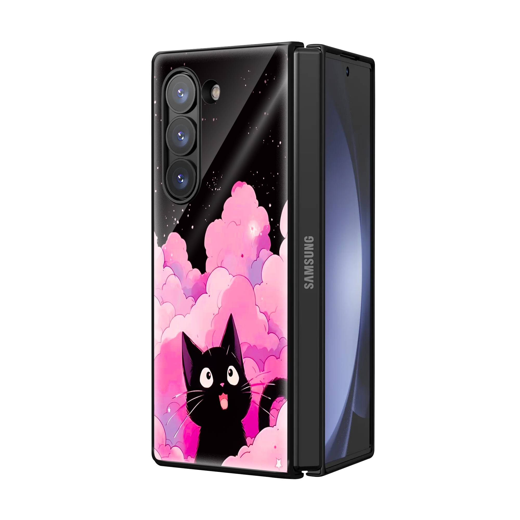 Black Cute Kitty Samsung Z Fold Glass Case image 1