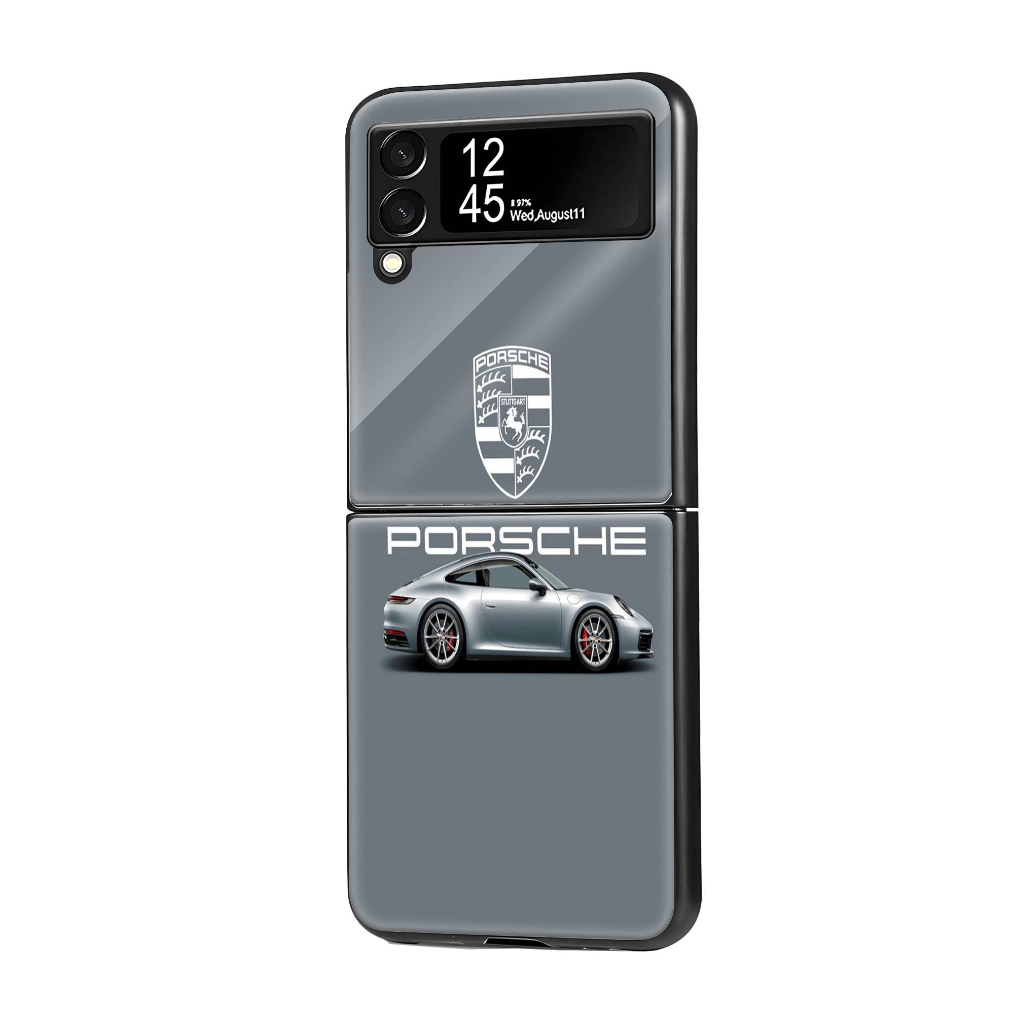 Silver Porsche Samsung Z Flip Glass Case image 0