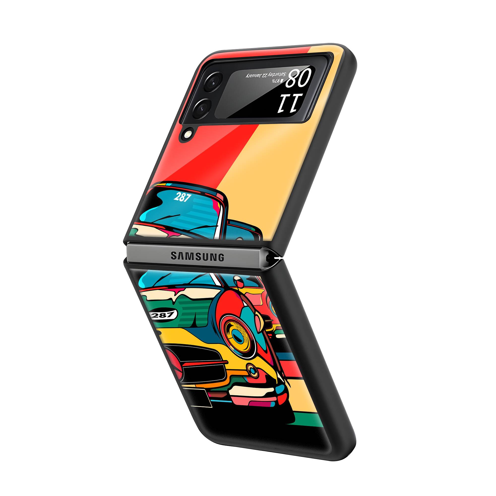 Multicolor Car Samsung Z Flip Glass Case image 1