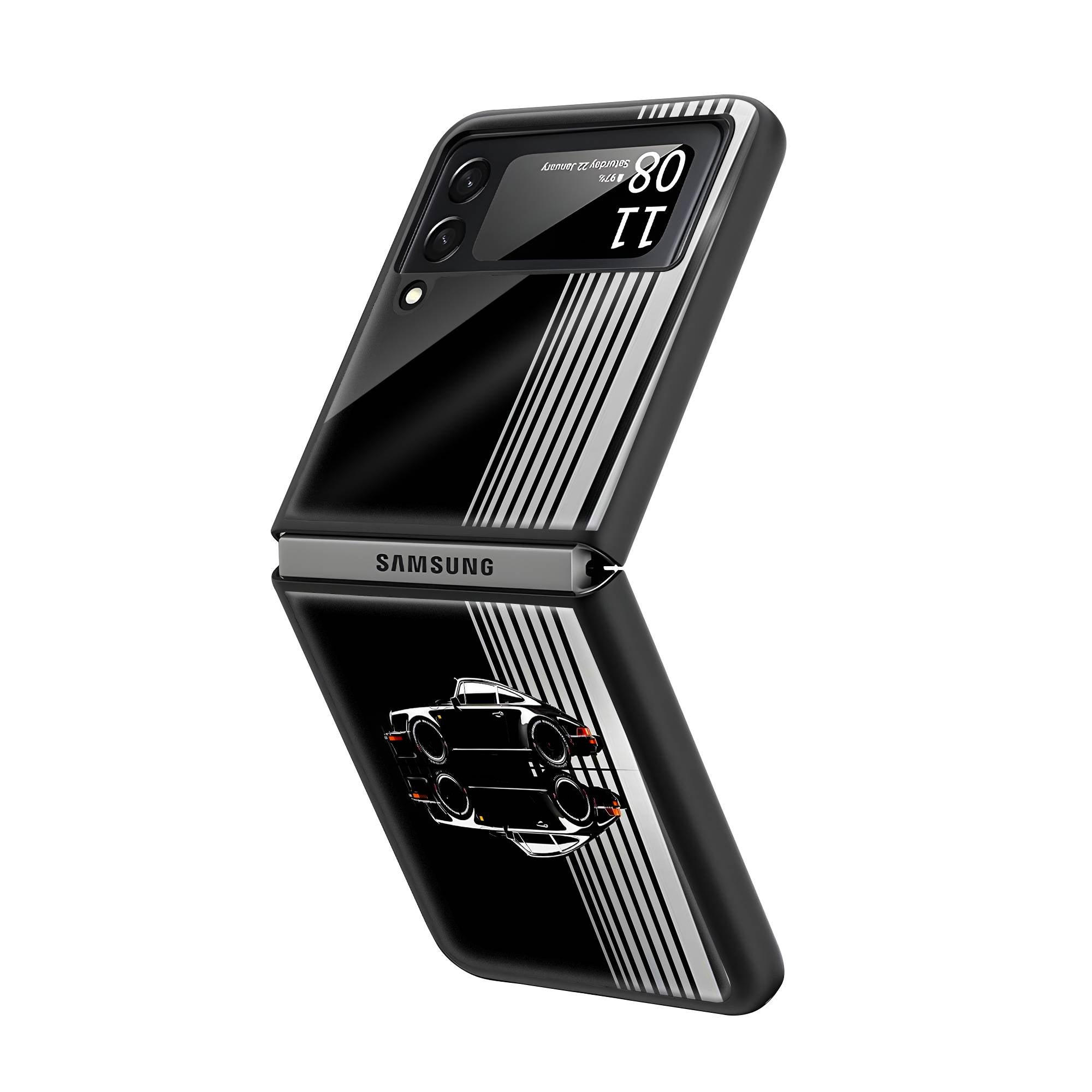 Black Porsche Samsung Z Flip Glass Case image 1