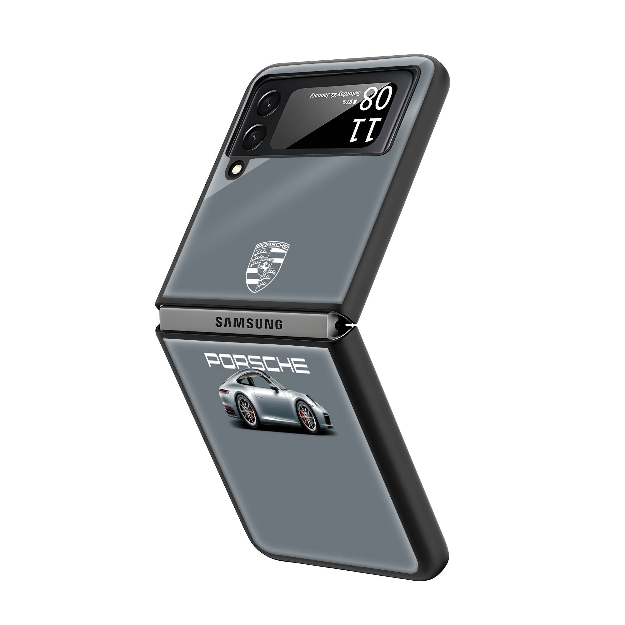 Silver Porsche Samsung Z Flip Glass Case image 1