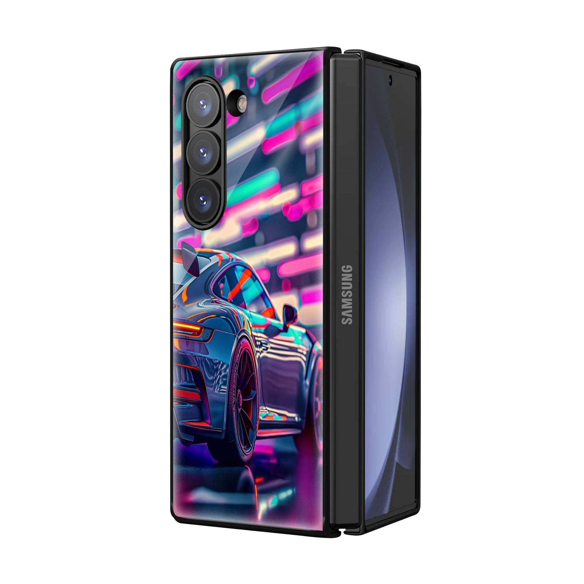 Neon Sports Car Samsung Z Fold Glass Case image 1